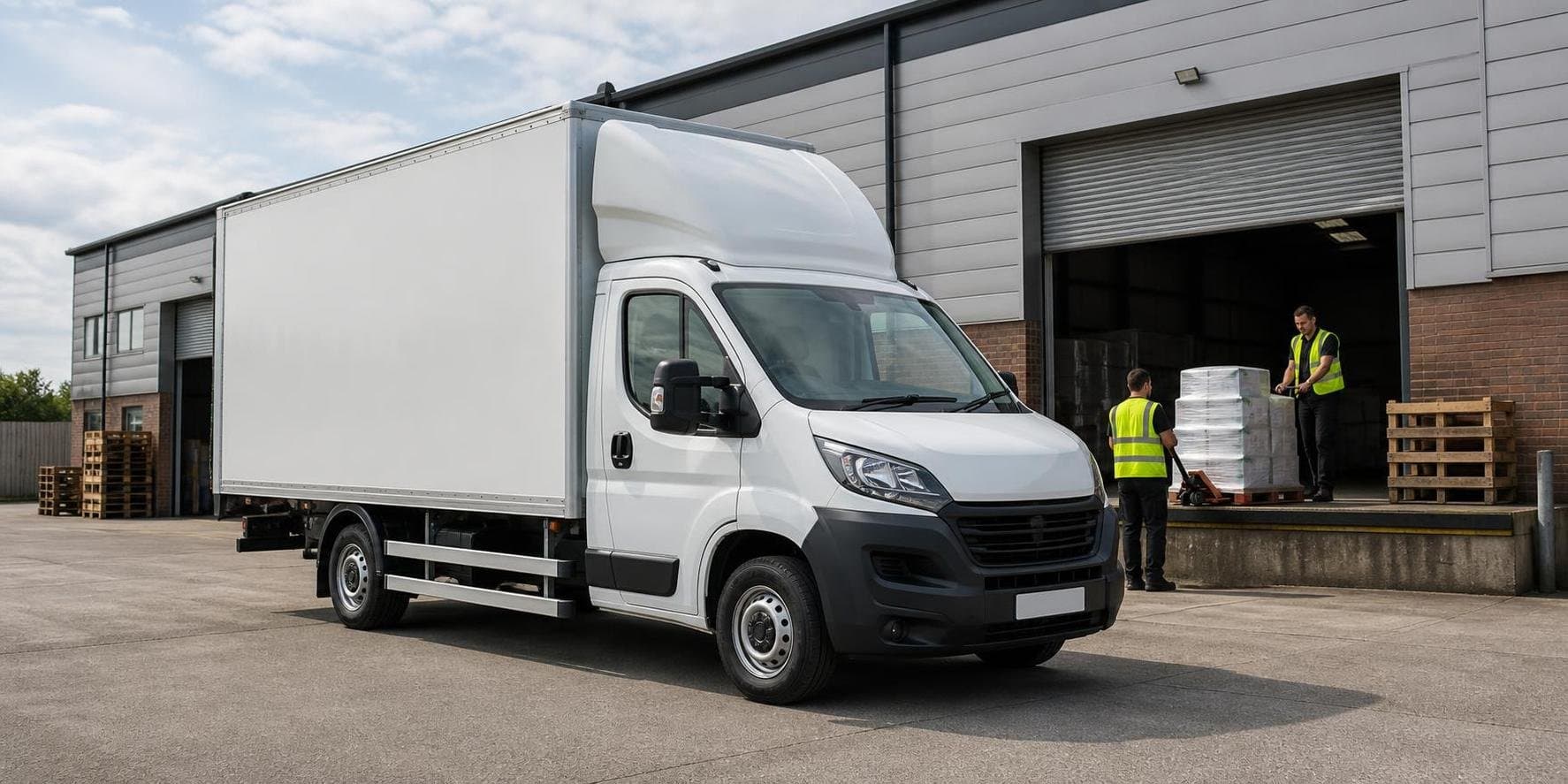 Box truck at a warehouse loading bay on a UK industrial estate