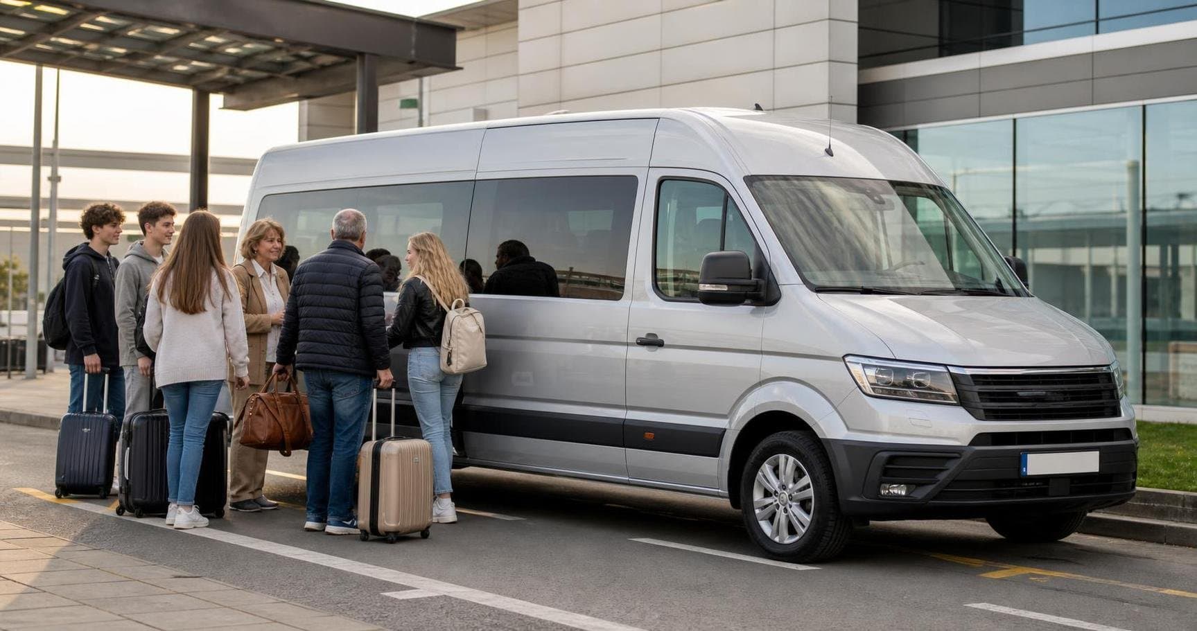 Self-drive minibus with a group loading luggage before a trip from an airport-side departure point