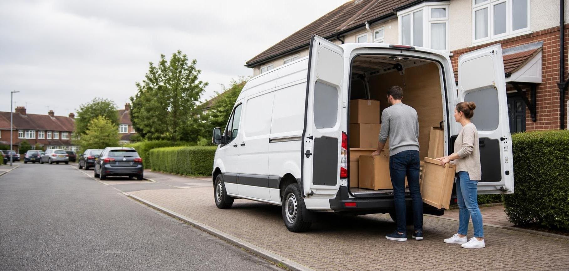 Medium panel van being loaded with moving boxes outside a suburban home in Whetstone