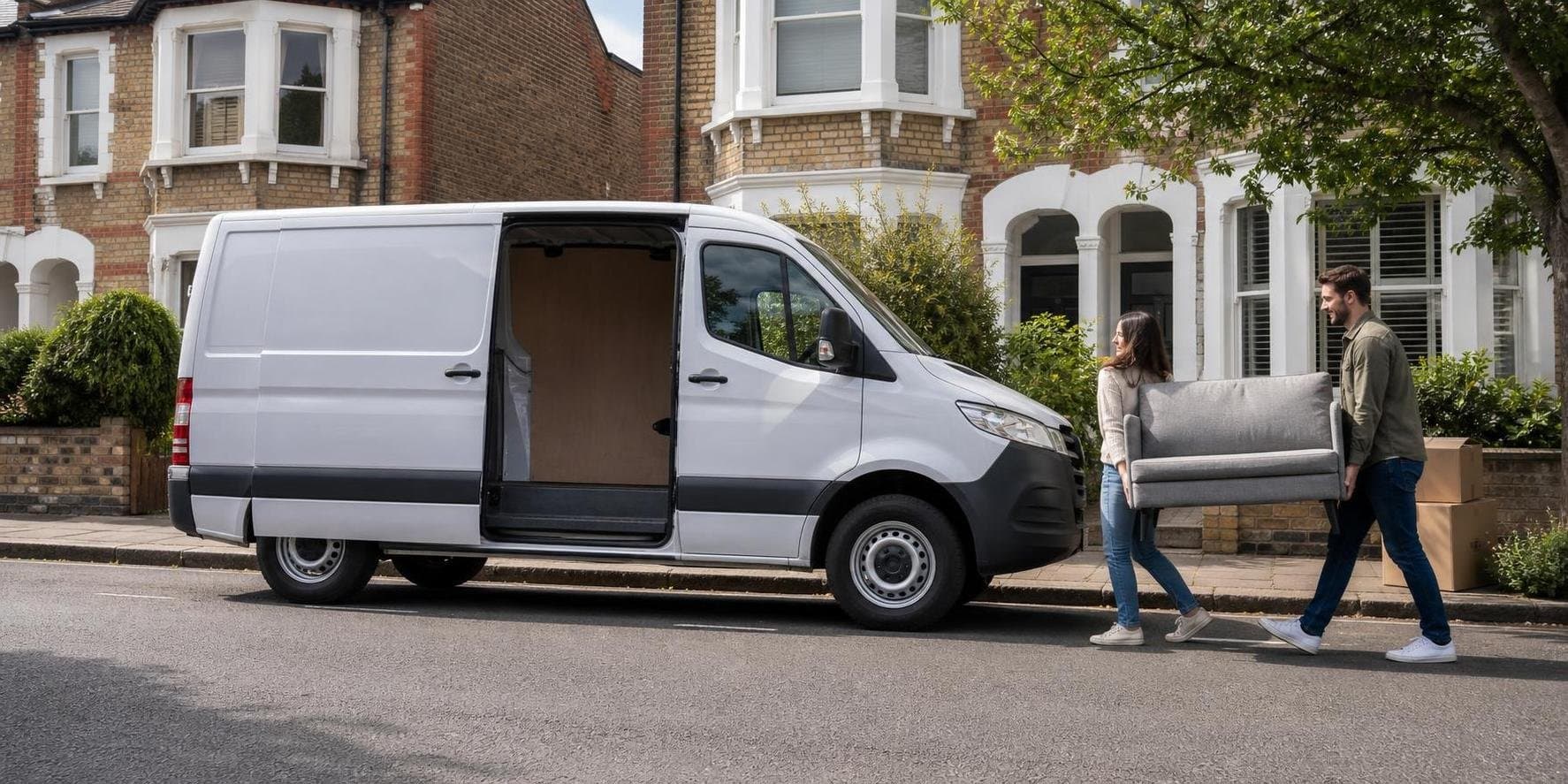 Panel van being loaded for a home move on a residential street near Finchley