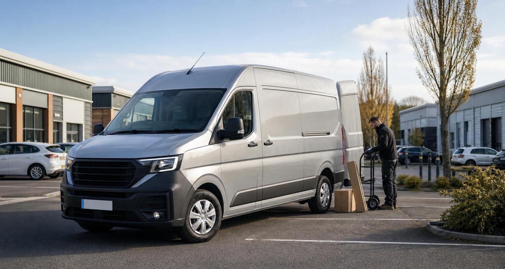 Long wheelbase van unloading materials at a business park near Barnet